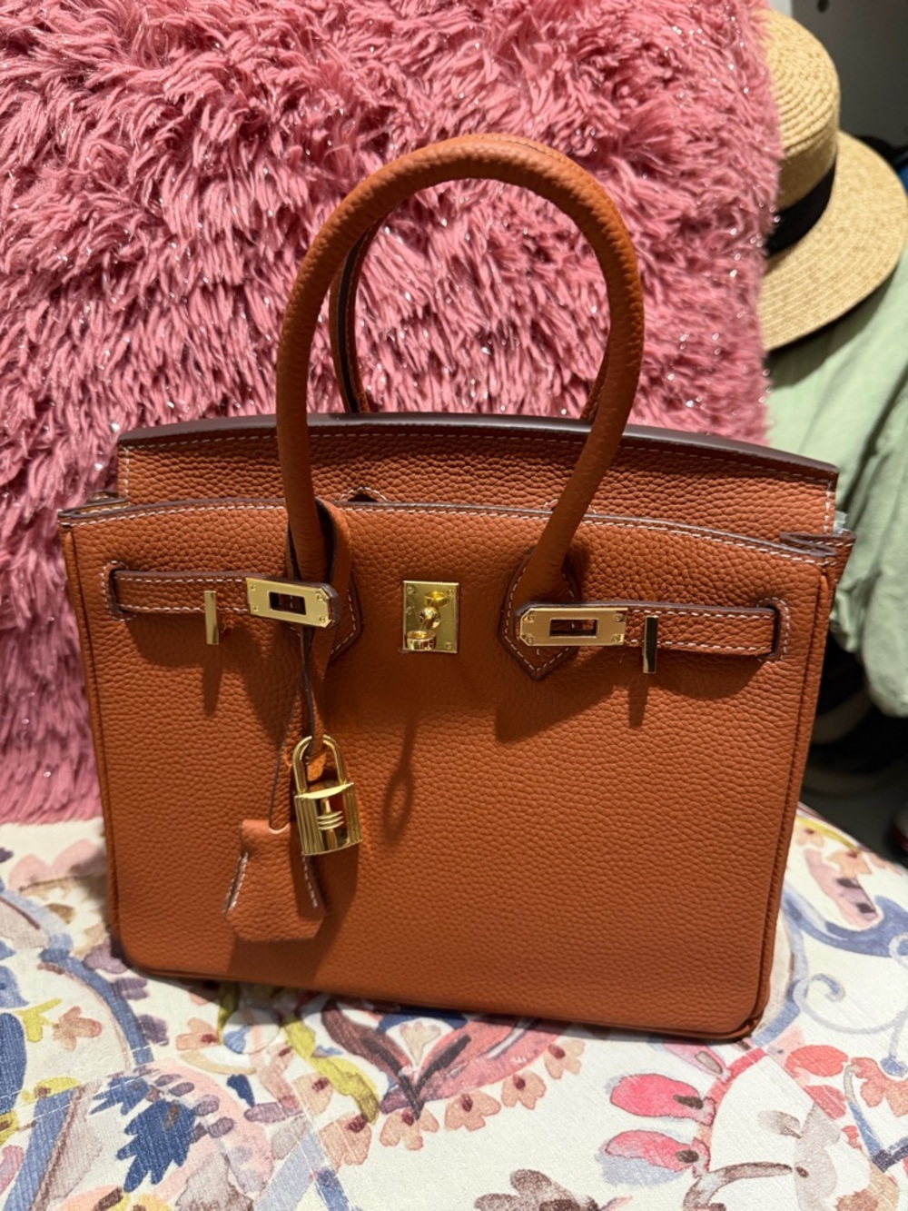 Structured Leather Tote Bag in Cognac with Gold Hardware